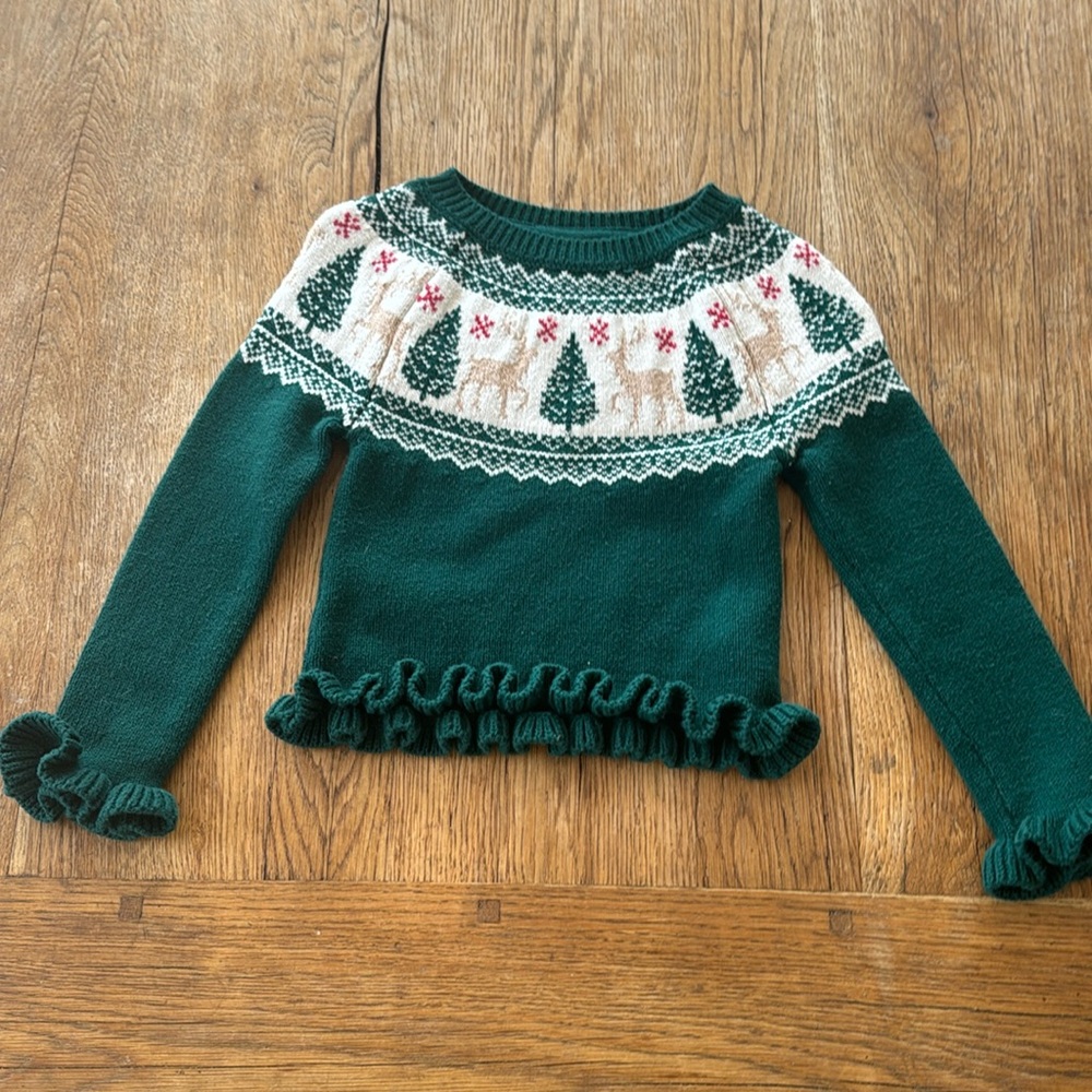 TAHARI GREEN KNIT Christmas Holiday SWEATER REINDEER, TREES, SZ 3T Toddler Girl